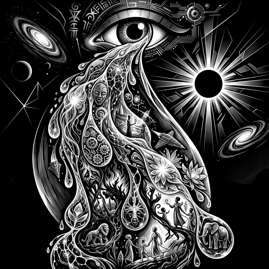 Cosmic landscape with a giant eye shedding colorful teardrops containing spiritual symbols, figures, animals, and futuristic buildings under a glowing sun and starry sky.